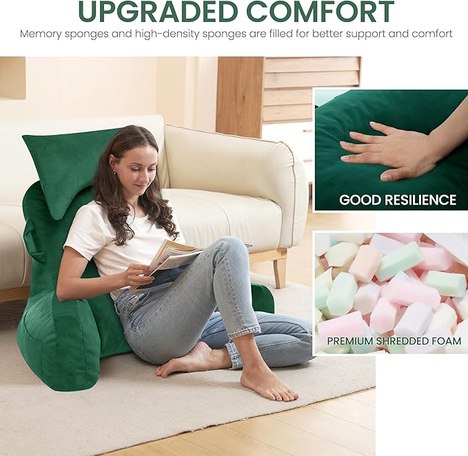 Portable Reading Pillows with Headrest for Bed Sitting Up(Green Oeko-Tex), Velvet Back Pillow with Arms & Pockets for Adults, Support Memory Foam Bed Pillow for Dorm/Reading/Watching/Gaming
