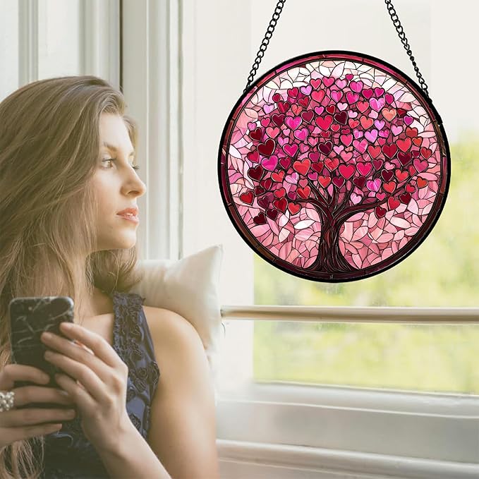 Stained Glass Window Hanging - DASTOLL, Birthday Gifts for Women Men Mom Dad, Pink Love Tree Suncatcher for Doors Window Home Sun Catchers Decor 6.3 in