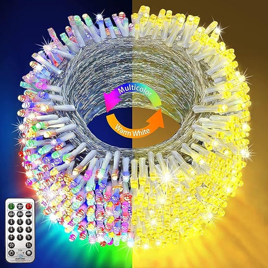 KNONEW 472FT 1200 Christmas Lights Outdoor Clear Wire Color Changing String Lights with 11 Modes & Timer Dimmable Fairy Light for Xmas Tree Roof Yard Wedding Decorations(Warm White to Multicolor)