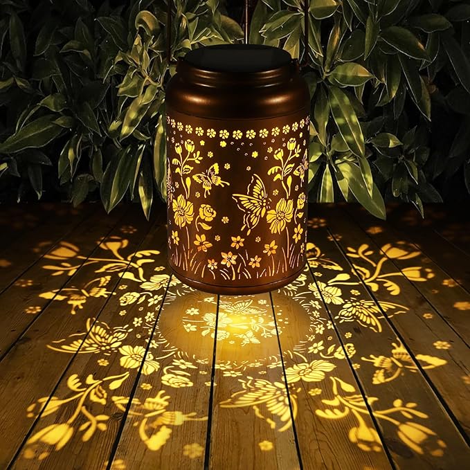 Solar Lanterns Outdoor Waterproof Hummingbird Garden Decor Christmas Gifts for Women Mom Grandma Hanging Lights Metal Solar Decoration Outside for Yard, Patio,Backyard(Butterfly and Sunflower)