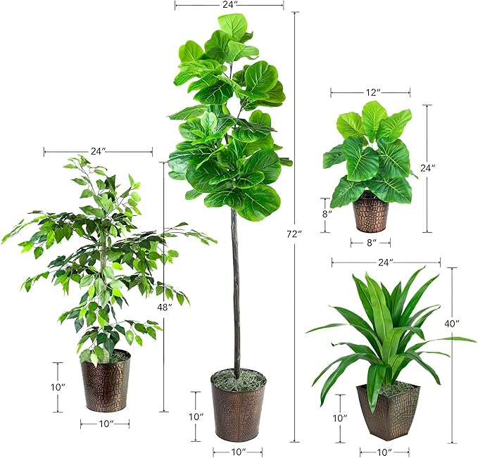LCG Florals- Set of 4 Ficus Trees in Copper Metal Pots with Real-Wood Trunks - Indoor and Outdoor Faux Plants for Patio, Living Rooms, Offices & Kitchens