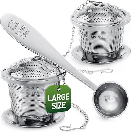 Large Tea Infuser (Set of 2) with Tea Scoop and Drip Trays by Apace – Multi Cup Size Stainless Steel Loose Leaf Tea Strainer and Steeper