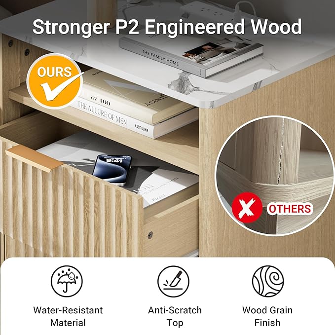 Fluted Nightstand Set of 2 with Charging Station, 18" Modern Night Stand with Faux Marble Top, 2 Drawers End Table with Storage for Bedroom Living Room, Curved Profile Design (Natural Oak)