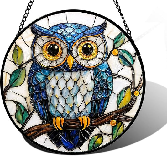 Stained Glass Window Hanging, Owl Gifts for Women Sun Catchers Diamond Glass Panel Hangings Birds Suncatcher Decor for Birthday for Women, Men, Wife, Aunt, and Mom 6.3 in