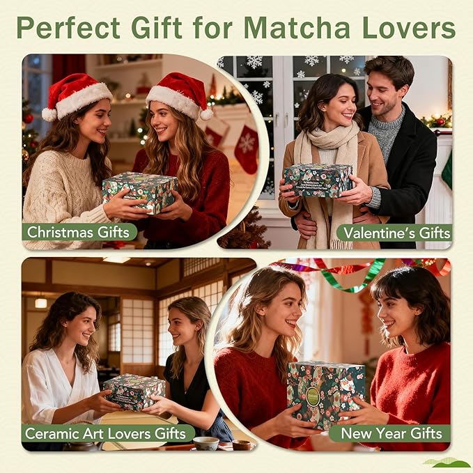 Matcha Whisk Set, Ceramic Bowl with Spout, Bamboo Matcha Whisk & Spoon, Chasen Holder, Scoop Rest, Sifter, 8-Pcs Japanese Matcha Powder Kit–Gift for Ceremony & Matcha Lovers-Matcha Green