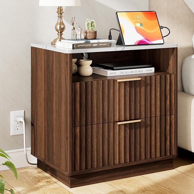 Large Fluted Nightstand with Charging Station, 23" Modern End Table with Faux Marble Top, 2 Drawers Night Stand with Storage, Side Table for Bedroom Living Room, Curved Profile (Walnut)