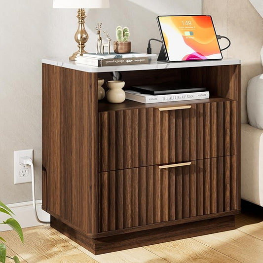 Large Fluted Nightstand with Charging Station, 23" Modern End Table with Faux Marble Top, 2 Drawers Night Stand with Storage, Side Table for Bedroom Living Room, Curved Profile (Walnut)