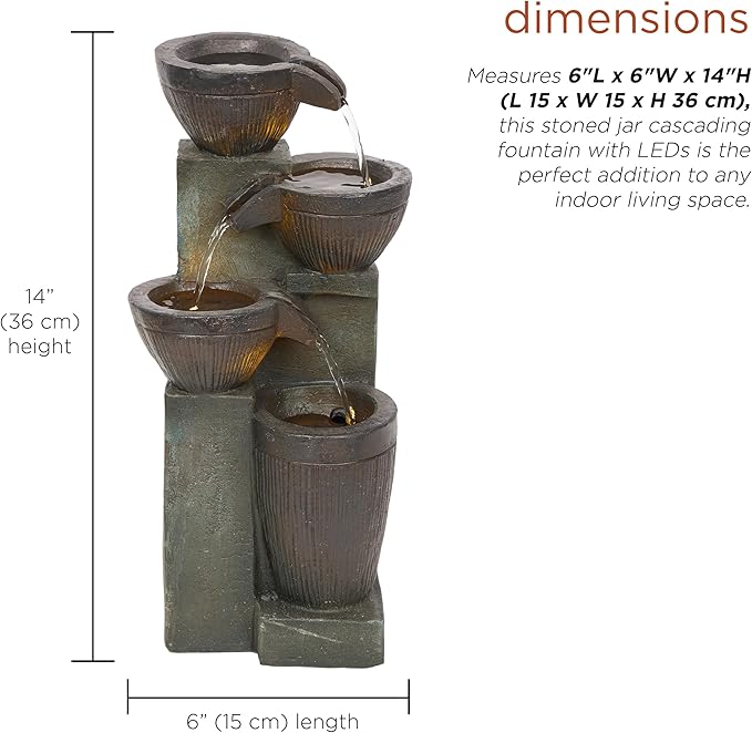 Alpine Corporation TZL416 14" Stoned Jar Water Fountain with Cascading LED Lights, Stylish Tabletop Water Feature for Home, Office, Living Room, Bedroom & Desk Decor, Gray