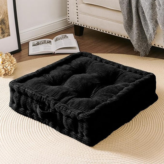 Wellsin Square Floor Pillows for Adults Kids - Meditation Floor Pillow Seating Cushion - Tufted Floor Cushion with Shredded Foam & Velvet Cover, 1 Pack, 20x20 Inch, Black