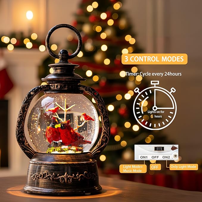 Musical Snow Globe Lantern Lighted 2 Cardinal Christmas Snow Water Lantern Swirling Glittering Home Decoration and Gift, Battery Operated or USB Powered