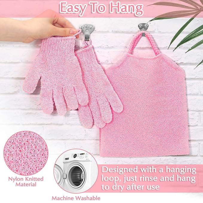 Anezus Exfoliating Shower Bath Gloves Back Scrubber Set for Body, Face, Shower, Bath, Scrub and Exfoliator (Pink)