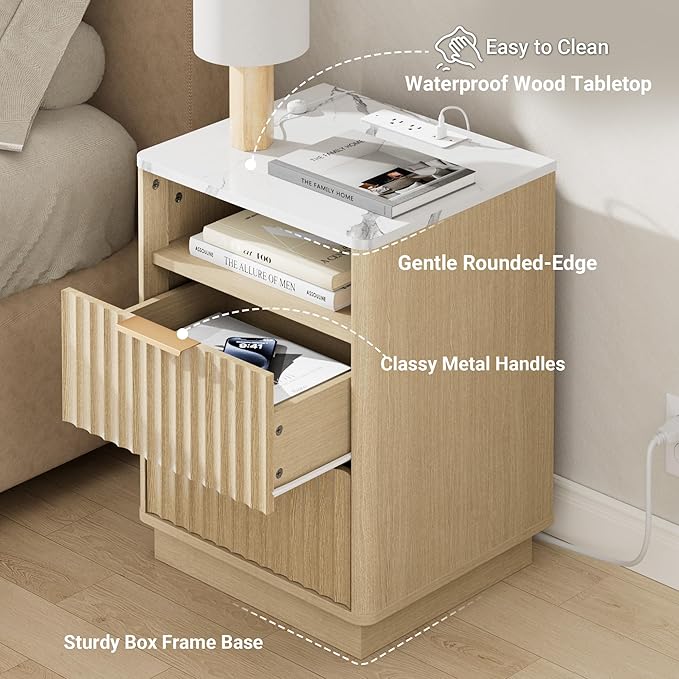 Fluted Nightstand with Charging Station, 18" Modern Night Stand with Faux Marble Top, 2 Drawers End Table with Storage, Bedside Table for Bedroom Living Room, Curved Profile (Natural Oak)