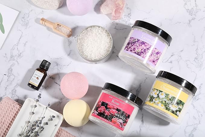 spa luxetique Bath Salts, 8pcs Bath Salts Gift Set with Argan Oil, Bath Bombs, Wooden Scoop, Epsom Salt for Soaking in Lavender, Rose, Chamomile Scent, Mother's Day Gifts, Christmas Gifts for Her