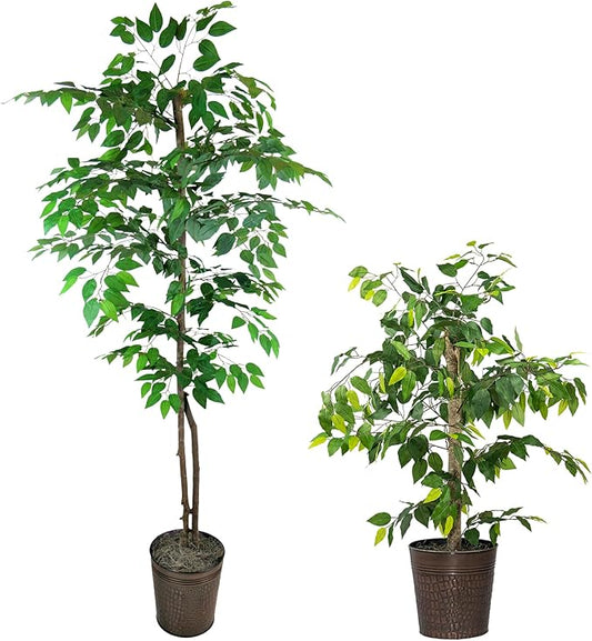 Artificial Ficus Trees in Copper Metal Pots, Set of 2 - Real Wood Trunk, Preassembled, No Maintenance Indoor Faux Plant - Living Room & Home Decor (4ft & 6ft)