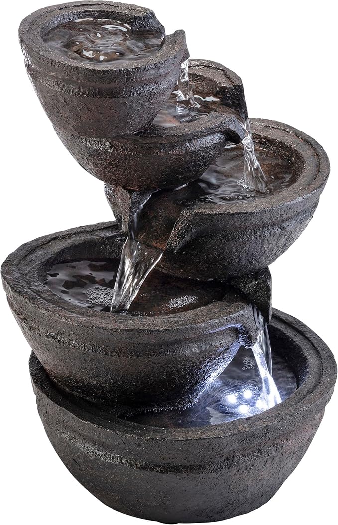 Alpine Corporation WIN1138 13" Indoor Tabletop Tiering Bowls Water Fountain with LED Lights – Cascading Water Feature for Home, Office, Meditation, and Relaxation, Dark Gray