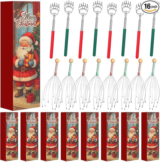 16 Pcs Head Massager and Back Scratcher with Christmas Gift Box, Scalp Massager Extendable Back Scratcher Tool for Body Relax Stress Relief Stocking Stuffers for Men Women(Bear Claw)