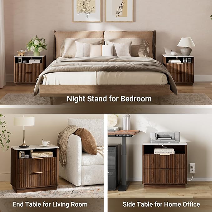 Large Fluted Nightstand with Charging Station, 23" Modern End Table with Faux Marble Top, 2 Drawers Night Stand with Storage, Side Table for Bedroom Living Room, Curved Profile (Walnut)