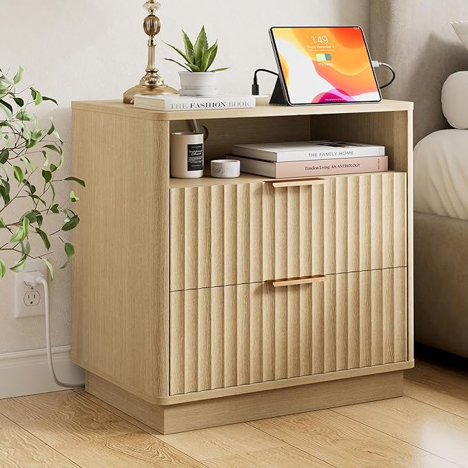 Large Fluted Nightstand with Charging Station, 23" Modern Farmhouse Night Stand, 2 Drawers End Table with Storage, Bedside Table for Bedroom Sofa Home Office, Curved Profile (Natural Oak)