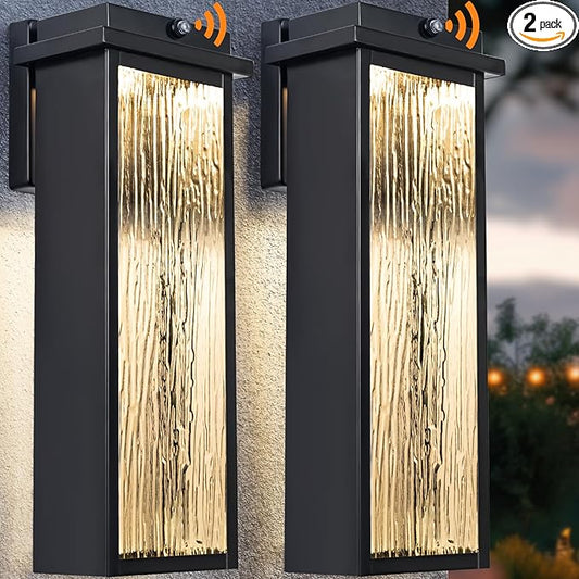 20" Extra Large Dusk to Dawn LED Outdoor Light 2 Packs, Black Modern Exterior Lighting Fixtures, Outside Porch Lights Wall Mount, Mid-Century Wall Lantern with Rippled Glass Patio Sconce Lamp