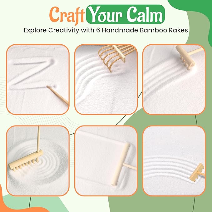 Zen Garden for Desk - Sand Tray Therapy Kit - Therapy Office Decor. 6 Rake Tools, 15 Piece Zen Garden Accessories, Meditation Accessories for Home and Office Relaxation, Gorgoeus Gift