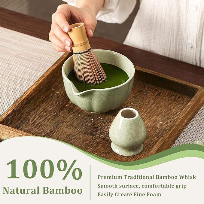 Matcha Set, 7 Pcs Mottled Green Matcha Whisk Set - Include Ceramic Petal Matcha Bowl with Spout, Bamboo Whisk, Chasen Holder, Sifter, Scoop, Tea Towel, Scoop Rest - Matcha Making Kit for Tea Lover