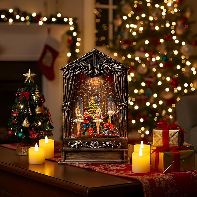 Christmas Snow Globe Lantern Water Glittering Nutcracker Ballet Theatre with Music & Timer, USB Lined/Battery Operated Lighted Lantern for Christmas Festival Decoration Gifts