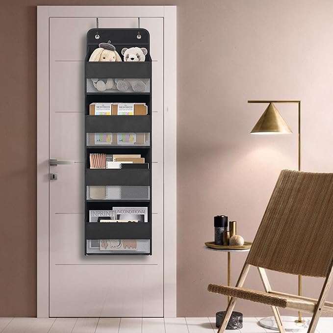 Over Door Organizer with 4 Large Capacity Pockets, Heavy Duty Hanging Organizer Storage for Closet Bathroom Nursery Bedroom Dorm, Toys Cosmetics Sundries and Baby Essentials, Black