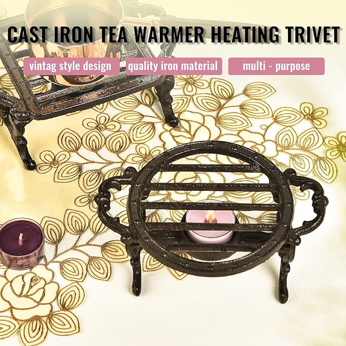 Sungmor Heavy Duty Cast Iron Teapot Dish Warmer Stable Holder for Tealight Stand | Tealight Warmer Decorative Stove for Villa Yard Balcony-Round