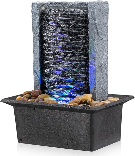 Tabletop Fountain Indoor Waterfall Rock Fountain LED-Lights Water Feature Waterfall for Modern Home and Office Indoor Decoration