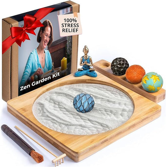 Zen Garden for Desk - 11" Bamboo Sand Tray Therapy Kit | Meditation Gift | Sensory-Based Wellness Tool for Mindfulness & Emotional Support | Zen Decor