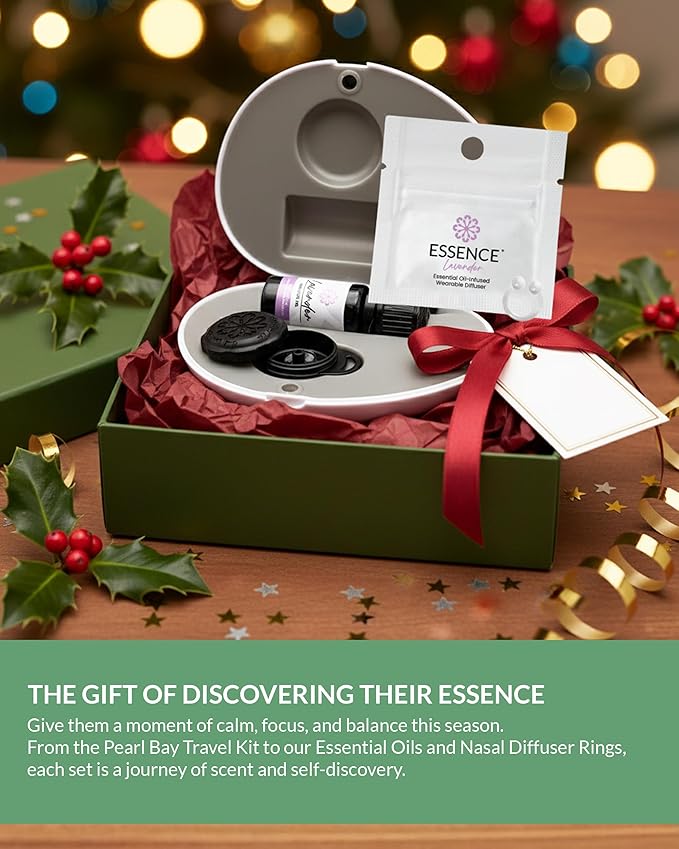 Essence Pearl Travel Case - Wearable Aromatherapy Kit with Nasal Diffuser Rings, Soaking Bay, and 5mL Essential Oil – Portable Wellness Gift Set for On?The?Go Self Care