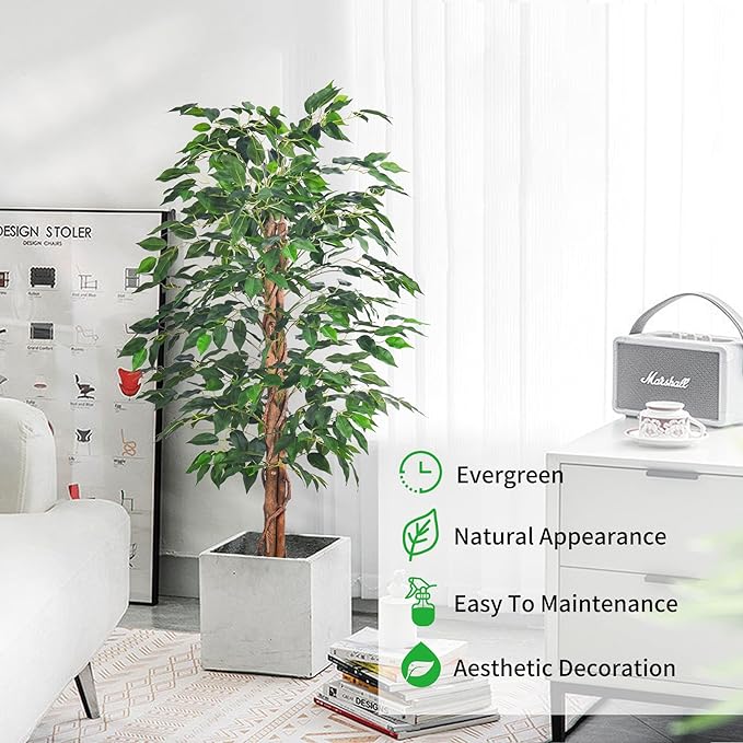 2Packs 4FT Artificial Ficus Tree, Fake Plants with Sturdy Plastic Nursery Pot,Faux Ficus Trees for Home Office Living Room Indoor Outdoor Decor Perfect Housewarming Gift (4FT-2Packs)
