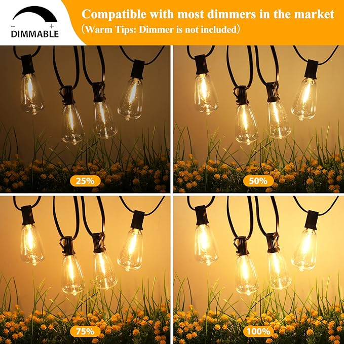 Brightever Outdoor String Lights 200FT Waterproof, Patio String Lights for Outside with 100+4 ST38 Shatterproof LED Filament Bulbs, Dimmable Hanging Lights for Christmas, Party, Cafe (2-Pack 100FT)