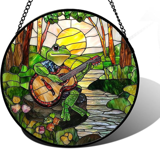 Stained Glass Window Hanging, Frog Playing Guitar Suncatcher Diamond Glass Panel Funny Sun Catchers Decor for Birthday for Women, Men, Wife, Aunt, and Mom 11.8x11.8 in