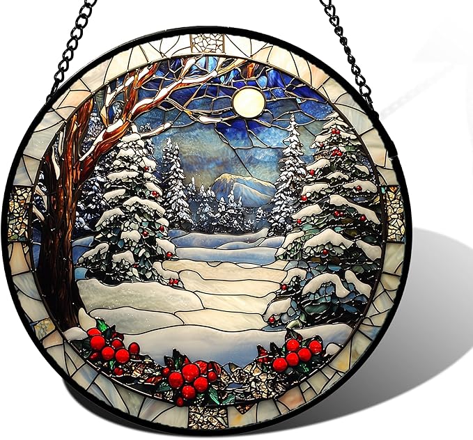 Stained Glass Window Hanging Christmas Tree Winter Snow Night Scenery 6.3" - Suncatcher Door Garden Kitchen Sun Catcher Home Decor Birthday for Mom Men Woman Friend