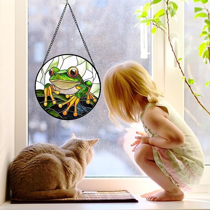 Stained Glass Window Hanging, Green Frog White Petals Sun Catchers Colorful Glass Panel Cute Suncatcher Decor for Birthday for Women, Men, Wife, Aunt, and Mom 7.8 in