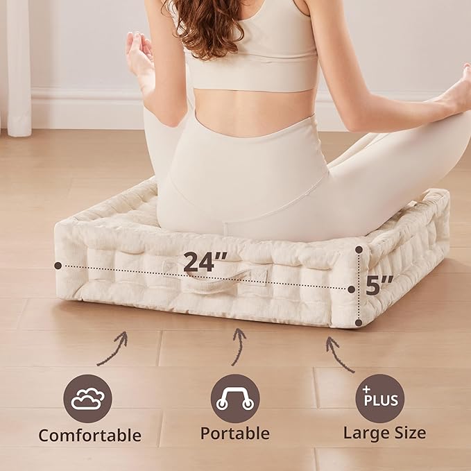 Intelligent Design Large Floor Pillow for Adults Yoga or Meditation Cushion with Handle, Floor Cushion for Board Games, Lustrous Chenille Tufted, Handsewn Scalloped Edge, Azza, 24" x 24" x 5" Ivory