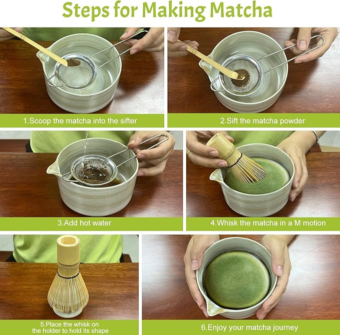 Matcha Whisk Set 6 pc Kit - Traditional Japanese Chasen, Bamboo Whisk Holder, Ceramic Bowl with Spout, Sifter & 2 pc Spoons - matcha kit set, Gift for Matcha Tea Lovers(Gray)