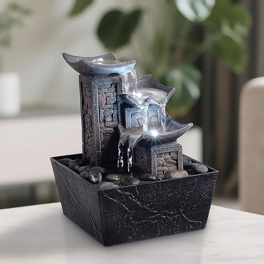 Tabletop Fountain Indoor Waterfall – 3-Tier Black Zen Decor with Pebble Base, White LED Light, Water Pump & On/Off Switch – Desktop Feng Shui Relaxation Gift for Home or Office (21110B)
