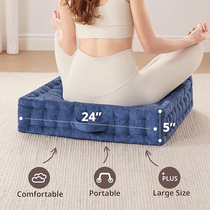 Intelligent Design Large Floor Pillow for Adults Yoga or Meditation Cushion with Handle, Floor Cushion for Board Games, Lustrous Chenille Tufted, Handsewn Scalloped Edge, Azza, 24" x 24" x 5" Navy