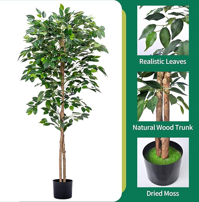 1Pack 5FT Artificial Ficus Tree with Realistic Leaves and Natural Trunk, Faux Ficus Tree with Sturdy Plastic Nursery Pot, Fake Ficus Tree for Office Home Farmhouse for Indoor Outdoor Decor