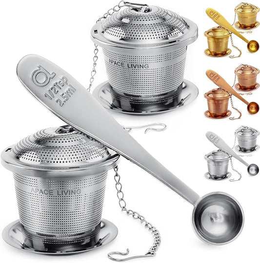Tea Infuser (Set of 2) with Tea Scoop and Drip Dray - Ultra Fine Tea Strainer for Loose Leaf Tea - Stainless Steel Tea Steeper for a Superior Brewing Experience