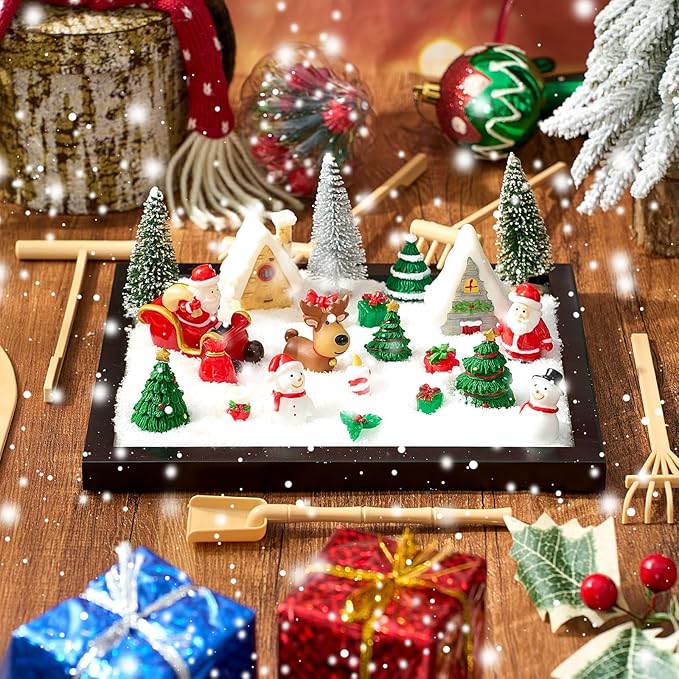Soulchen Zen Garden Kit for Desk Decor Christmas Sand Zen Garden Gifts Mini Sandbox Set with Black Wooden Tray, Sand, Tools & Accessories Japanese Gifts for Meditation Room Office Home(Christmas)