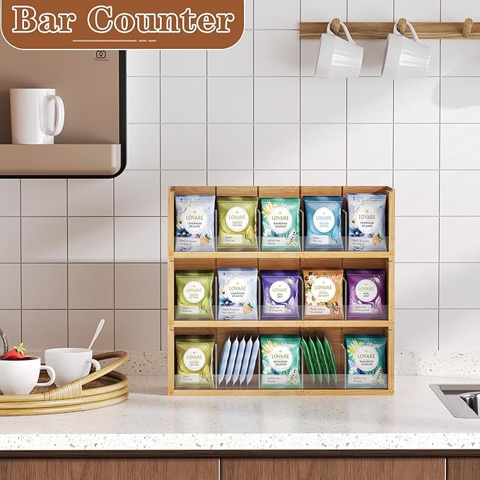 X-cosrack Bamboo Tea Bag Organizer Storage Box, 3 Tier Stackable Tea Bag Box Natural Wood, Wall Mount Tea Chests with Acrylic for tea bags Office Kitchen Cabinet Pantry
