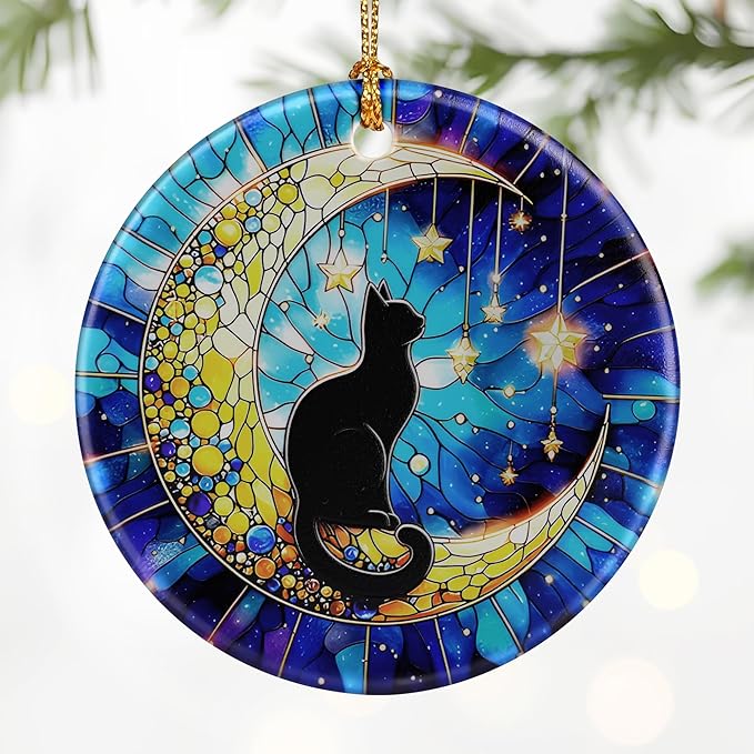 Black Cat Ornament – Christmas Decoration & Christmas Ornament; Round Ceramic (Holiday Present, Bauble Present, Gift Idea, and Gift Exchange) | Heirloom Keepsake