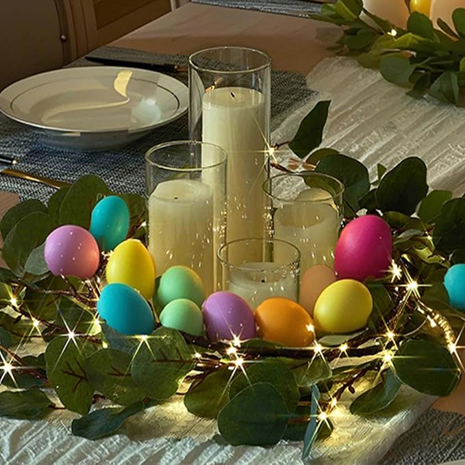 Hairui Lighted Artificial Eucalyptus Garland 6FT 96 LED Battery Operated Faux Vine Lights with Timer for Spring Wedding Backdrop Wall Decoration