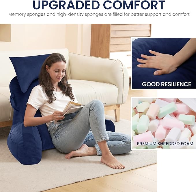 Portable Reading Pillows with Headrest for Bed Sitting Up(Royal Blue Oeko-Tex), Velvet Back Pillow with Arms & Pockets for Adults, Support Memory Foam Bed Pillow for Dorm/Watching/Gaming