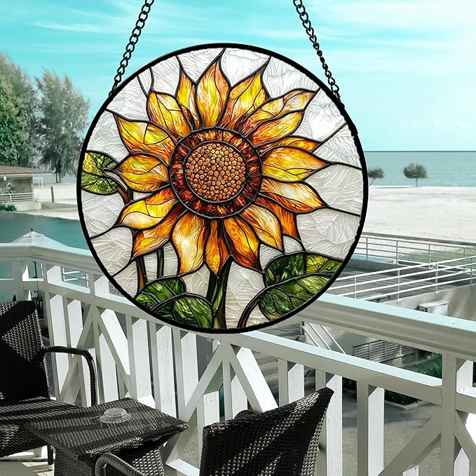 Stained Glass Window Hanging - Sunflower Flower Suncatcher Ready to Hang Window Doors Home Decoration and Christmas, Mother's Day Birthday Gifts for Women, Men, and Mom 14.9x14.9 in