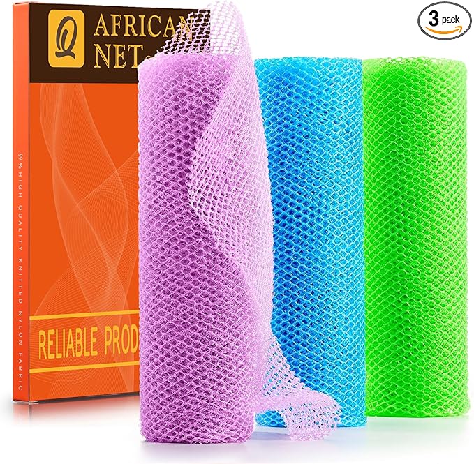 UJFQBH 3 Pieces African Bath Sponge African Net Long Net Bath Sponge Exfoliating Shower Body Scrubber Back Scrubber Skin Smoother,Great for Daily Use (Pale Purple, Blue, Green)