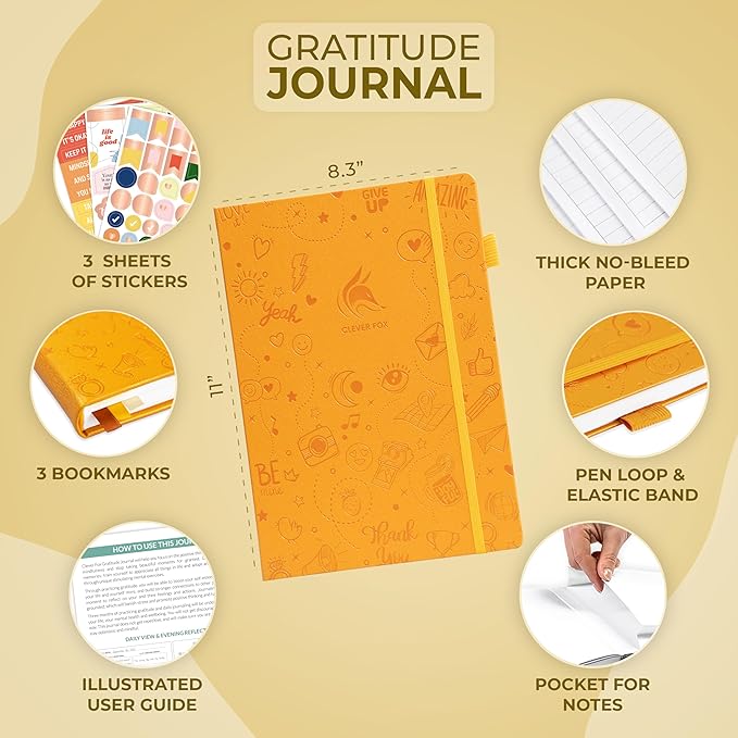 Clever Fox Gratitude Journal Large – Happiness, Positivity & Affirmation Journal – Inspirational Daily Notebook, 3 Months, 8.3x11” (Amber Yellow)